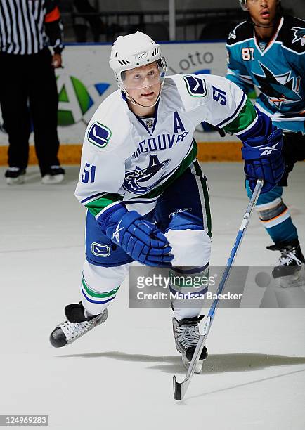 Kellan Tochkin of the Vancouver Canucks skates on the ice against the San Jose Sharks during day four of the 2011 Vancouver Canucks NHL Young Stars...