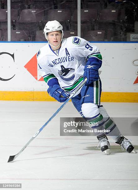 Kellan Tochkin of the Vancouver Canucks skates on the ice against the San Jose Sharks during day four of the 2011 Vancouver Canucks NHL Young Stars...