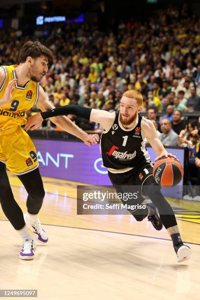 Niccolo Mannion, #1 of Virtus Segafredo Bologna in action during the 2022-23 Turkish Airlines EuroLeague Regular Season Round 31 game between Maccabi...