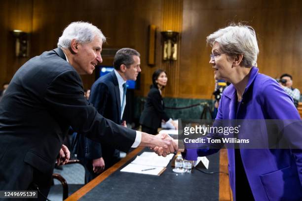 Sen. Elizabeth Warren, D-Mass., greets Martin Gruenberg, chairman of the Federal Deposit Insurance Corporation, during the Senate Banking, Housing,...