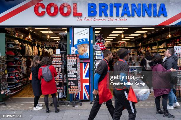 Image showing the smiling face in memory of Queen Elizabeth II outside the Cool Britannia Souvenir shop at Leicester Square on 27th March 2023 in...