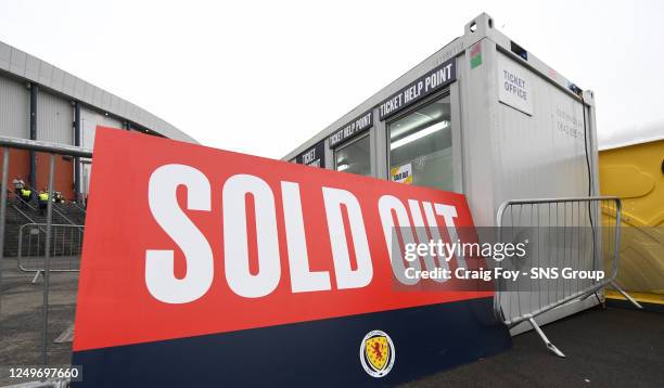 Ticket stand showing the match is sold out during a UEFA Euro 2024 Qualifier between Scotland and Spain at Hampden Park, on March 28 in Glasgow,...