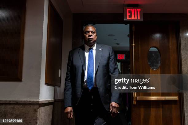 Defense Secretary Lloyd Austin arrives to testify during the Senate Armed Services Committee hearing on the FY2024 for the Department of Defense and...