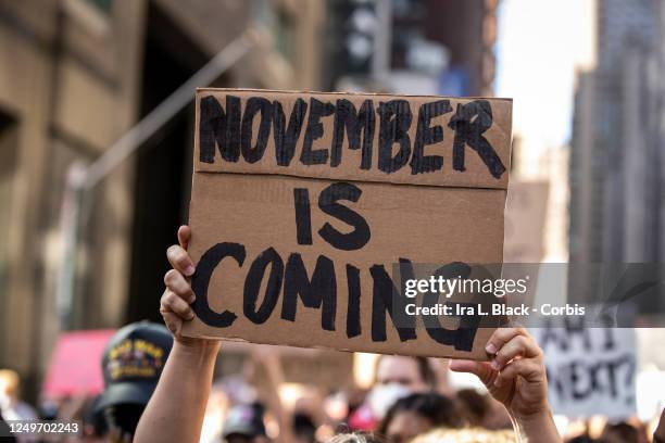 Caucasian protester wearing a mask holds a homemade sign that reads, "November Is Coming" in reference to voting in people that can change polices...