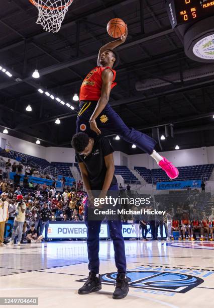 Bronny James, son of LeBron James, #6 of McDonald's All American Boys West, participates in the 2023 Powerade Jamfest at Delmar Fieldhouse on March...