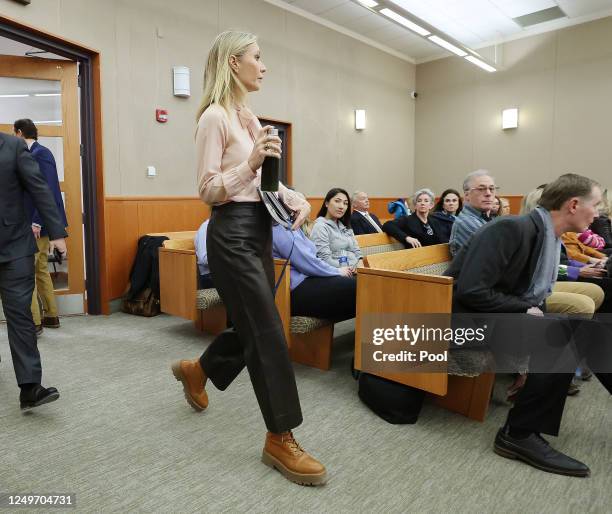 Actress Gwyneth Paltrow enters the court during her civil trial over a collision with another skier at the Park City District Courthouse on March 28...