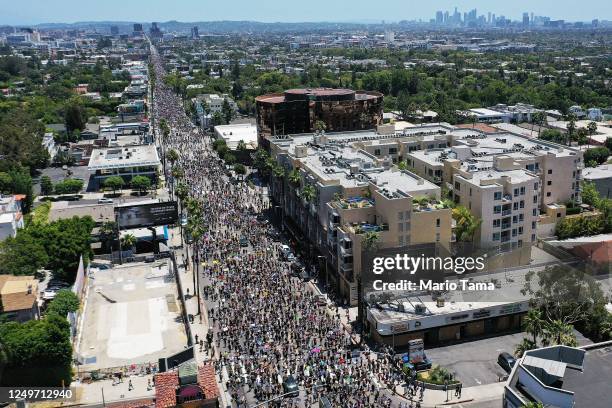 An aerial view as protesters walk on Sunset Boulevard during the All Black Lives Matter solidarity march, replacing the annual gay pride celebration,...