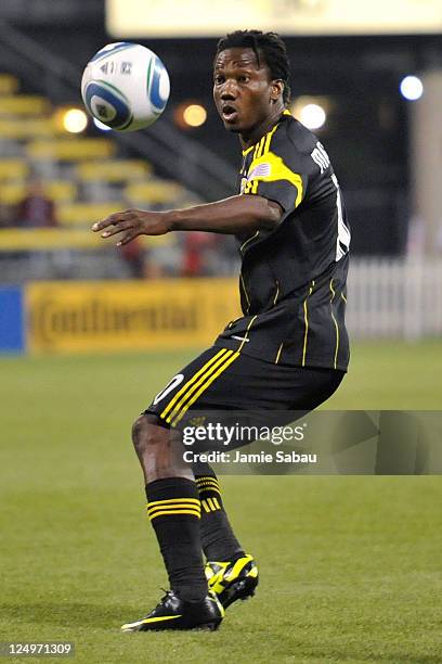 Andres Mendoza of the Columbus Crew takes control of the ball against the Houston Dynamo on September 14, 2011 at Crew Stadium in Columbus, Ohio....
