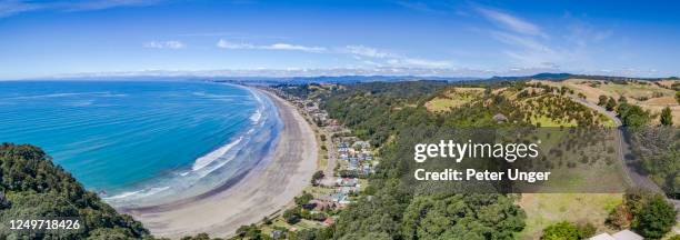 panorama aerial view of the popular tourist beach of ohope beach, north island of new zealand - north island new zealand stock pictures, royalty-free photos & images