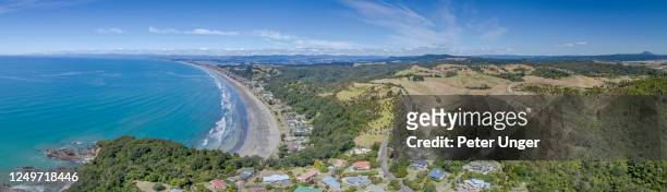 panorama aerial view of the popular tourist beach of ohope beach,north island of new zealand - north island new zealand stock pictures, royalty-free photos & images