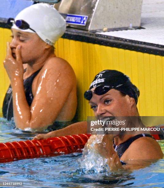 Amanda Beard reacts following the women's 200m breaststroke final, 25 July 2003 in Barcelona, at the 10th FINA Swimming World Championships. Beard...