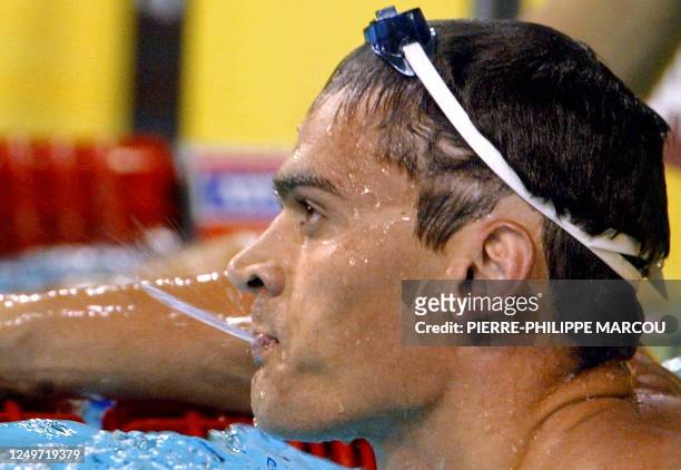 Russian Alexander Popov reacts after the 50m freestyle first round at the 10th World Swimming Championships in Barcelona 25 July 2003. Popov set a...