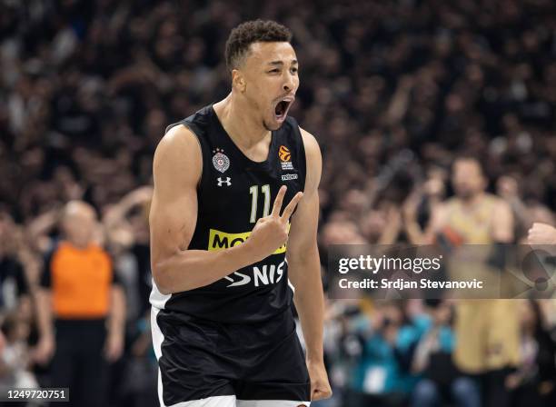 Dante Exum of Partizan reacts during the 2022-23 Turkish Airlines EuroLeague Regular Season Round 31 game between Partizan Mozzart Bet Belgrade and...