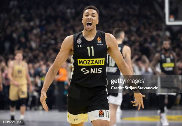 Dante Exum of Partizan reacts during the 2022-23 Turkish Airlines EuroLeague Regular Season Round 31 game between Partizan Mozzart Bet Belgrade and...