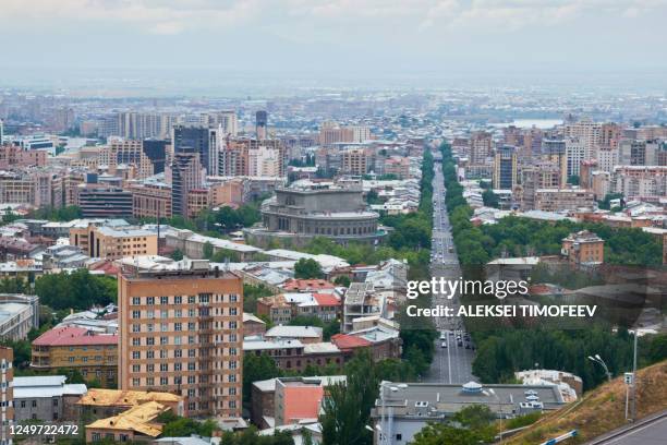 view of the city of yerevan from the observation deck on a sunny day with clouds in the sky. - the capital of the armenian city stock pictures, royalty-free photos & images