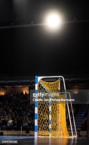 Empty goal during the EHF European League match between Fuechse Berlin against Skjern Handbold at Max-Schmeling Halle on March 28, 2023 in Berlin,...