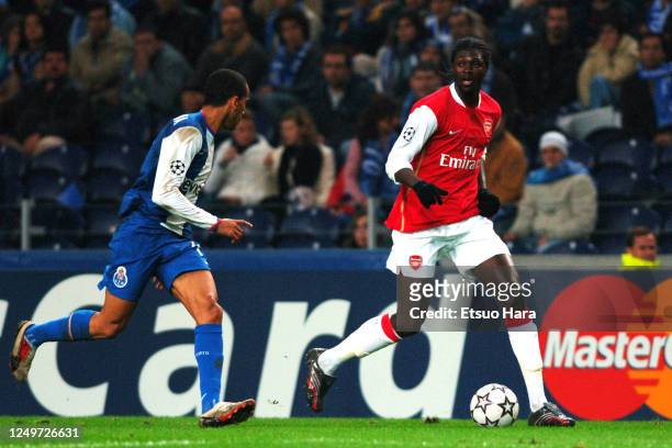 Emmanuel Adebayor of Arsenal in action during the UEFA Champions League Group G match between Porto and Arsenal at the Estadio do Dragao on December...