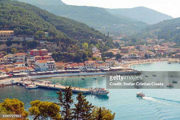 aerial view of parga town greece - epirus greece stock pictures, royalty-free photos & images