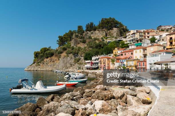 parga harbour and colorful houses in greece - epirus greece stock pictures, royalty-free photos & images