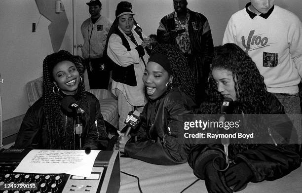 Singers Joi Marshall, Di Reed and Tonya Kelly of Jade are interviewed at V100-FM radio backstage at the Marcus Amphitheatre in Milwaukee, Wisconsin...