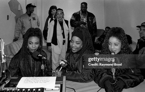 Singers Joi Marshall, Di Reed and Tonya Kelly of Jade are interviewed at V100-FM radio backstage at the Marcus Amphitheatre in Milwaukee, Wisconsin...