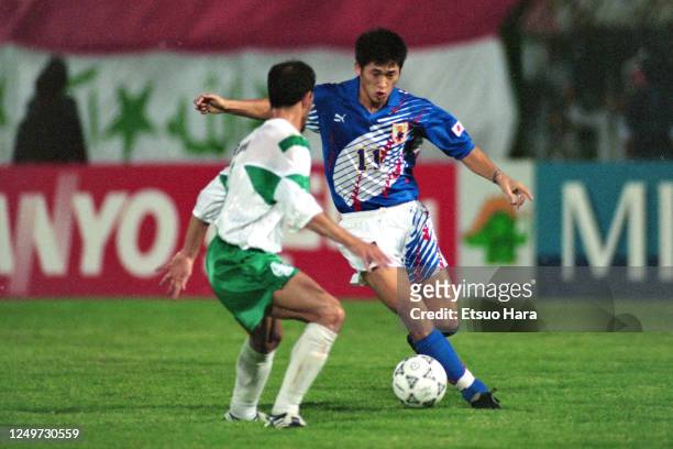 Kazuyoshi Miura of Japan in action during the FIFA World Cup Asian Qualifier final round match between Iraq and Japan at the Al-Ahly Stadium on...