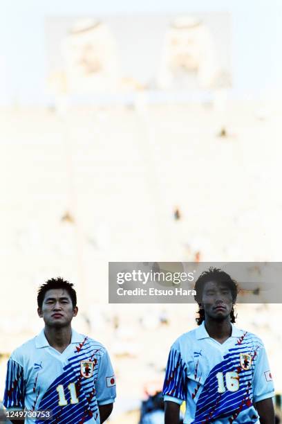 Kazuyoshi Miura and Masashi Nakayama of Japan are seen prior to the FIFA World Cup Asian Qualifier final round match between Japan and South Korea at...