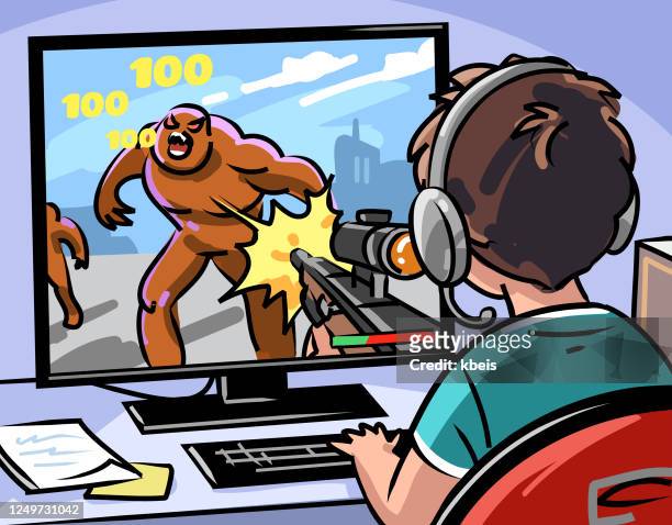 boy playing violent video game - computer screen over shoulder stock illustrations