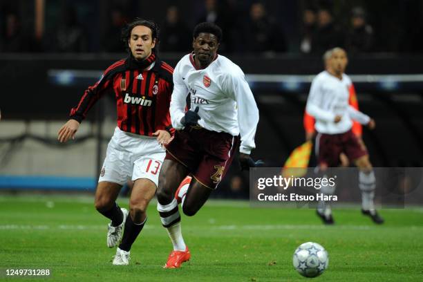 Emmanuel Adebayor of Arsenal in action during the UEFA Champions League Round of 16 second leg match between AC Milan and Arsenal at the Stadio...