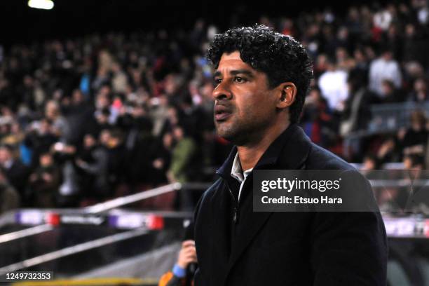 Barcelona head coach Frank Rijkaard is seen prior to the La Liga match between Barcelona and Villarreal at the Camp Nou on March 9, 2008 in...