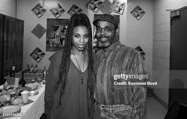 Singer Frankie Beverly poses for photos with singer Joi Marshall of Jade backstage at the U.I.C. Pavilion in Chicago, Illinois in December 1993.