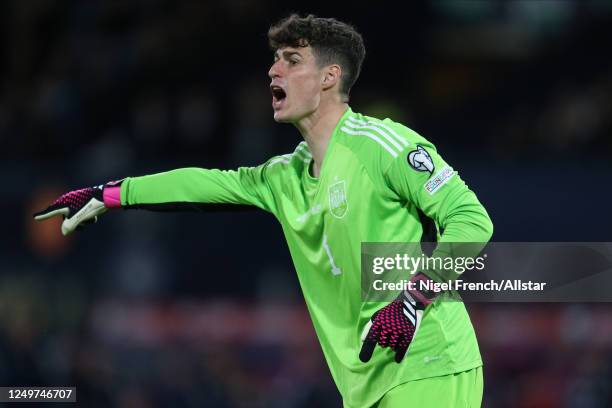 Kepa Arrizabalaga, Goalkeeper of Spain points during the UEFA EURO