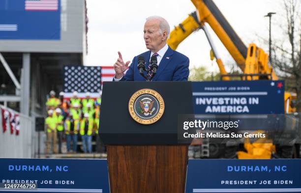 President Joe Biden speaks during a visit to Wolfspeed, a semiconductor manufacturer, as he kicks off his Investing in America Tour on March 28, 2023...