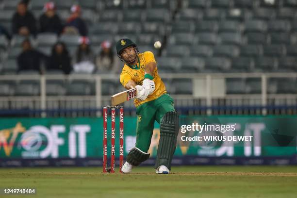 South Africa's Reeza Hendricks plays a shot leading to his dismissal during the third T20 international cricket match between South Africa and West...