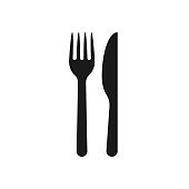 Fork and knife icon logo. Simple flat shape restaurant or cafe place sign. Kitchen and diner menu symbol. Vector illustration image. isolated on white background.