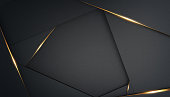 Abstract, luxurious polygonal black background with gold accents. Frame for text. 3d render. Template for design, banner