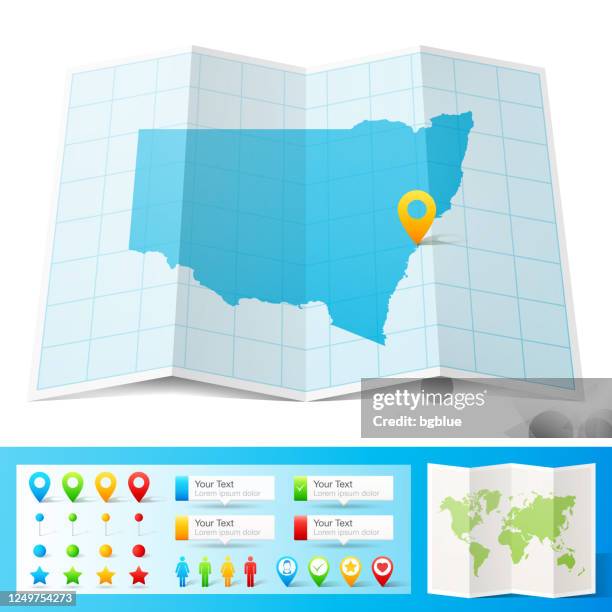 new south wales map with location pins isolated on white background - map of new south wales stock illustrations