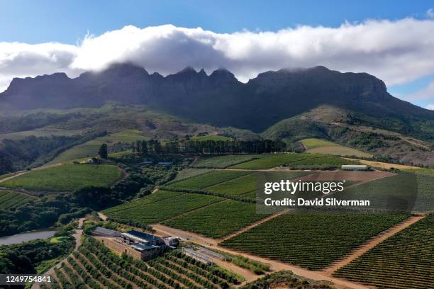 An aerial view Hidden Valley Wines vineyard, winery and visitors center on the slopes of the Helderberg mountains on February 27, 2020 near...