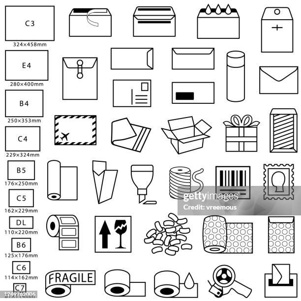 postal envelopes, packaging, parcels and mail products icons - shipping envelope stock illustrations