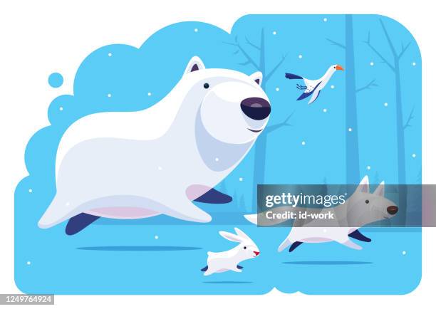 eisbär läuft mit freunden - eisbär illustrationen stock-grafiken, -clipart, -cartoons und -symbole