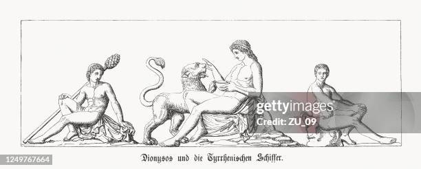 dionysus with two satyrs, greek mythology, wood engraving, published 1868 - dionysus stock illustrations