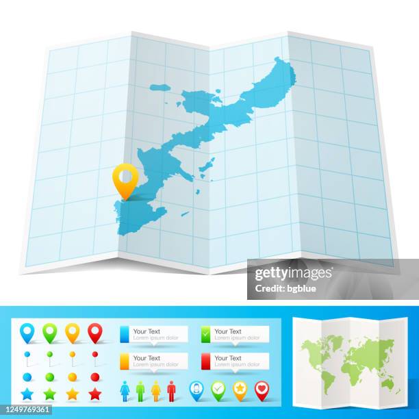 okinawa island map with location pins isolated on white background - okinawa prefecture stock illustrations