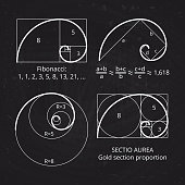 Scheme of golden ratio section, fibonacci spiral on blackboard vector illustration