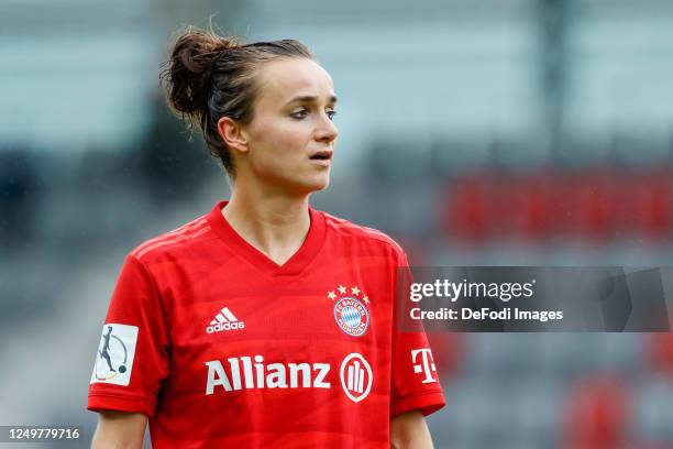 Lina Magull of Bayern Muenchen looks on during the Flyeralarm Frauen Bundesliga match between FC Bayern Munich Women's and FF USV Jena Women's at FC...