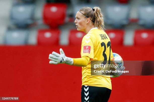 Goalkeeper Inga Schuldt of FF USV Jena gestures during the Flyeralarm Frauen Bundesliga match between FC Bayern Munich Women's and FF USV Jena...