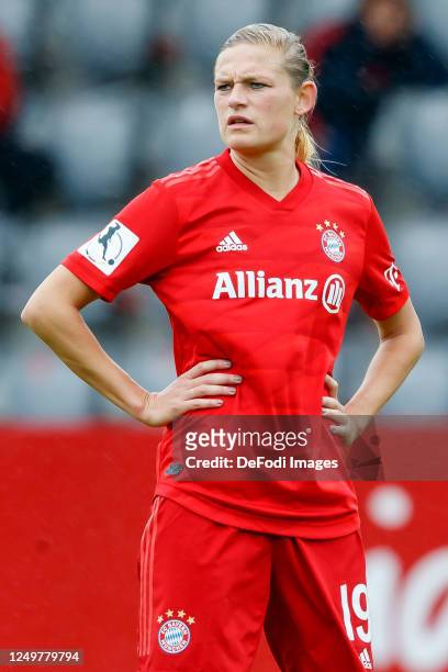 Carina Wenninger of Bayern Muenchen looks on during the Flyeralarm Frauen Bundesliga match between FC Bayern Munich Women's and FF USV Jena Women's...