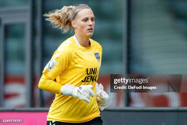 Goalkeeper Inga Schuldt of FF USV Jena looks on during the Flyeralarm Frauen Bundesliga match between FC Bayern Munich Women's and FF USV Jena...