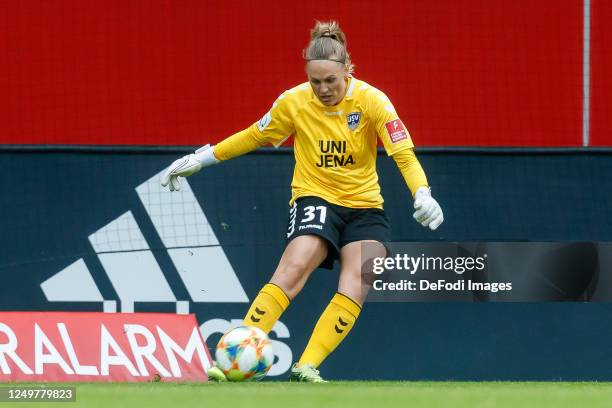 Goalkeeper Inga Schuldt of FF USV Jena controls the ball during the Flyeralarm Frauen Bundesliga match between FC Bayern Munich Women's and FF USV...