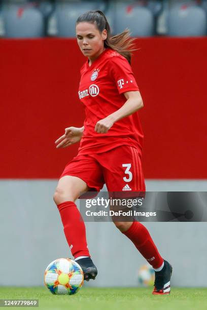 Simone Boye Sorensen of Bayern Muenchen controls the ball during the Flyeralarm Frauen Bundesliga match between FC Bayern Munich Women's and FF USV...