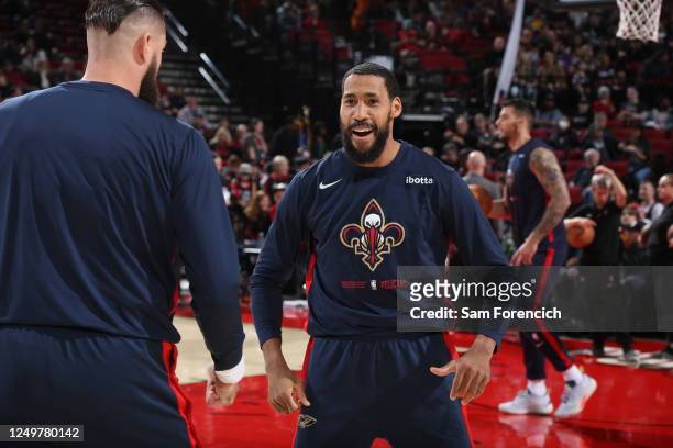 Garrett Temple of the New Orleans Pelicans looks on before the game on March 27, 2023 at the Moda Center Arena in Portland, Oregon. NOTE TO USER:...
